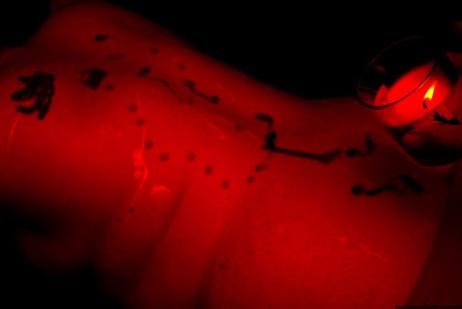20P Amateur BBW Inked Oracle is covered in wax with her pantyhose pulled down
