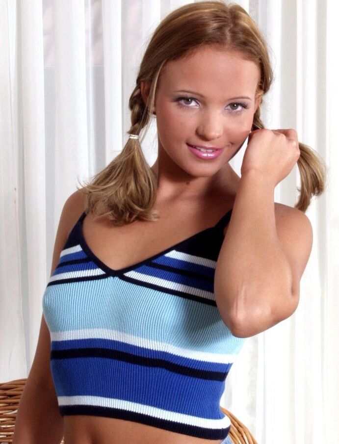 18P Adorable Sweet Tiffany in pigtails removes shorts to pose in cotton panties