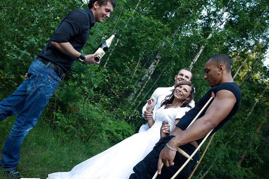 16P Promiscuous bride enjoys a hardcore foursome with well-hung guys outdoor
