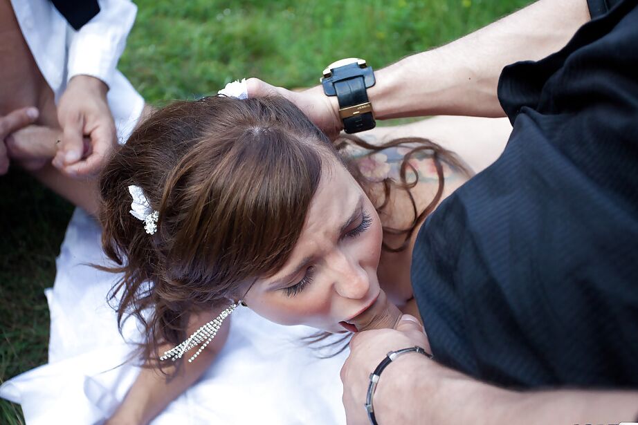 16P Promiscuous bride enjoys a hardcore foursome with well-hung guys outdoor