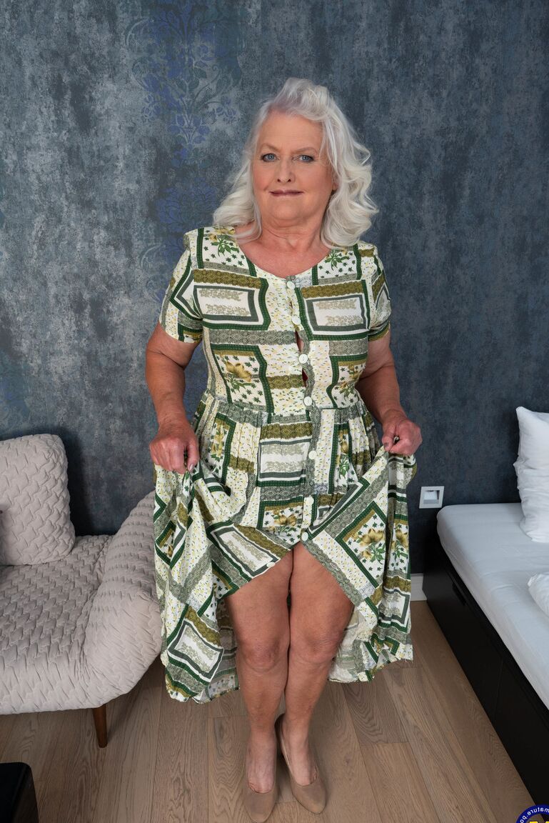 21P Granny with grey hair Juliene strips her dress and cuddles with a hot guy