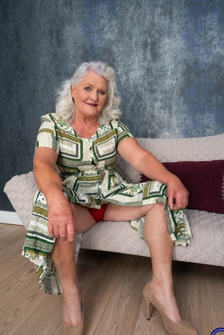 21P Granny with grey hair Juliene strips her dress and cuddles with a hot guy