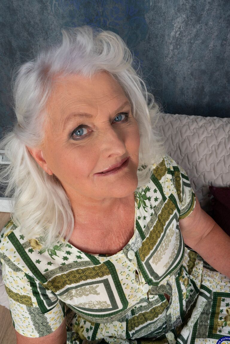 21P Granny with grey hair Juliene strips her dress and cuddles with a hot guy