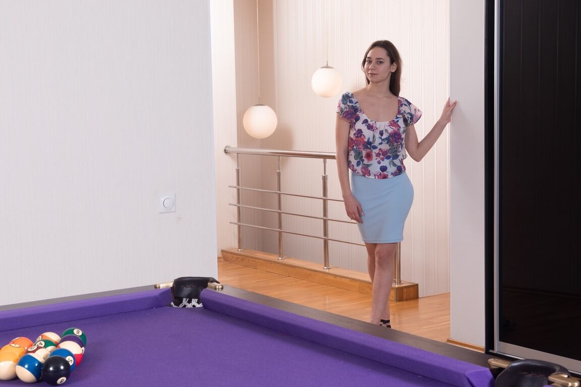 21P Sexy brunette Melani Bree showing her inviting hairy pussy on the pool table