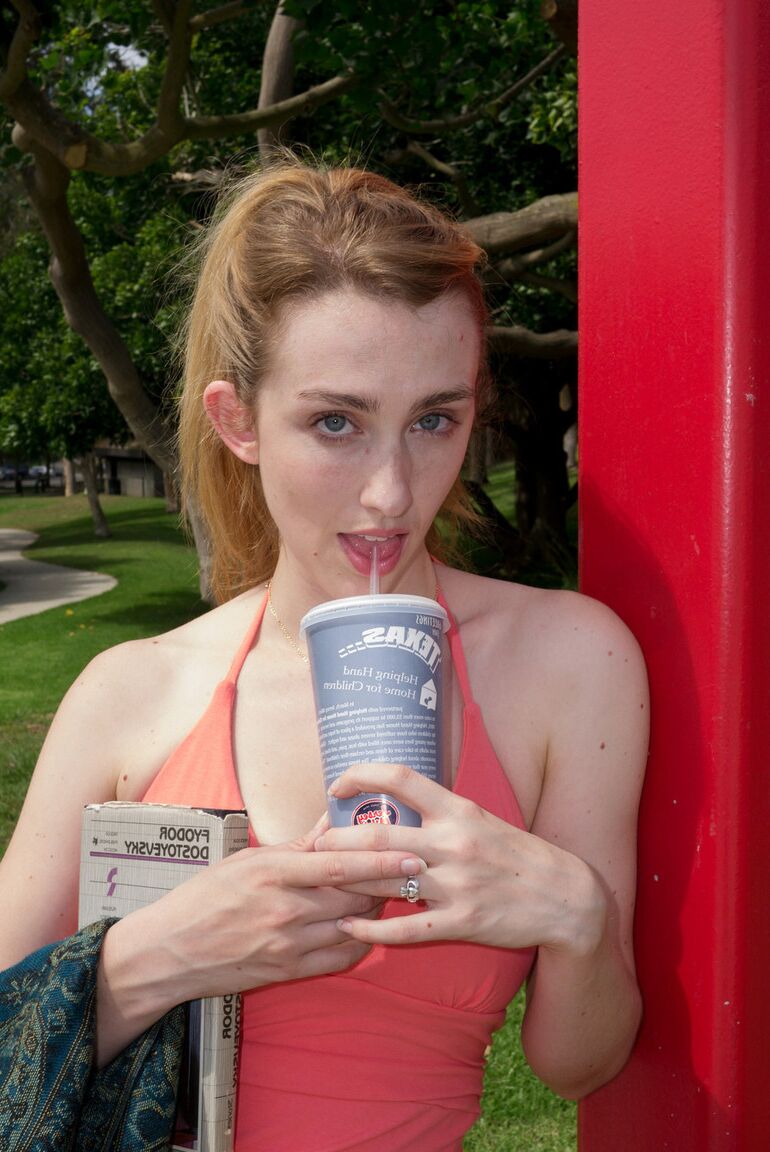 12P Slutty teen in a skimpy red dress Phoebe Keller giving an upskirt in public