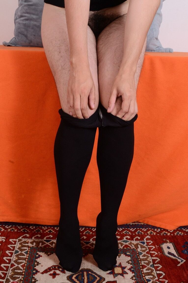 21P Kinky amateur in sheer nylons Wara flaunts her bushy twat in a solo