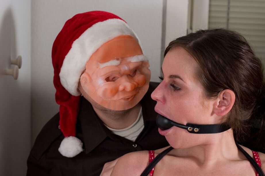 12P Creepy man in a Santa mask ball gags and ties up a clothed brunette