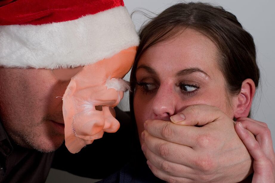 12P Creepy man in a Santa mask ball gags and ties up a clothed brunette