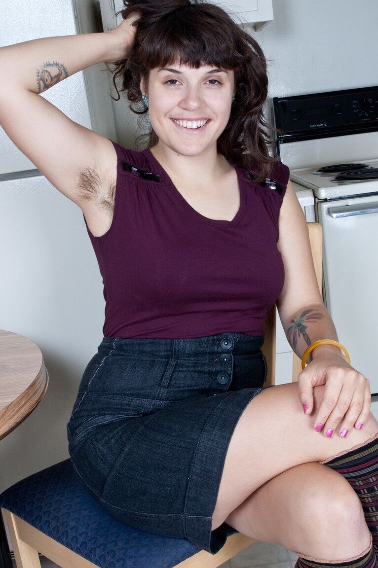 21P Charming brunette Penny Letters showing her hairy armpits & bushy vagina