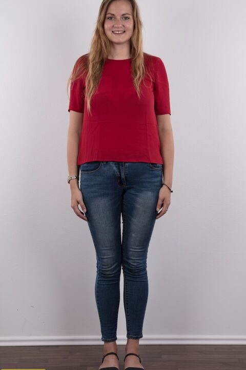20P Chubby teen stands fully clothed before doing the same without any clothes on