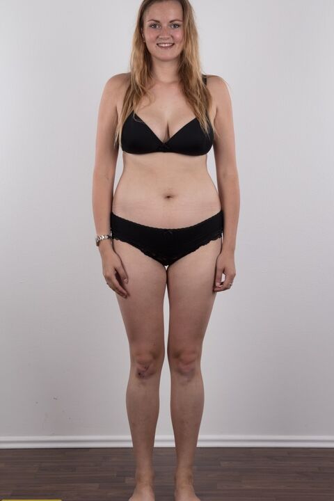 20P Chubby teen stands fully clothed before doing the same without any clothes on
