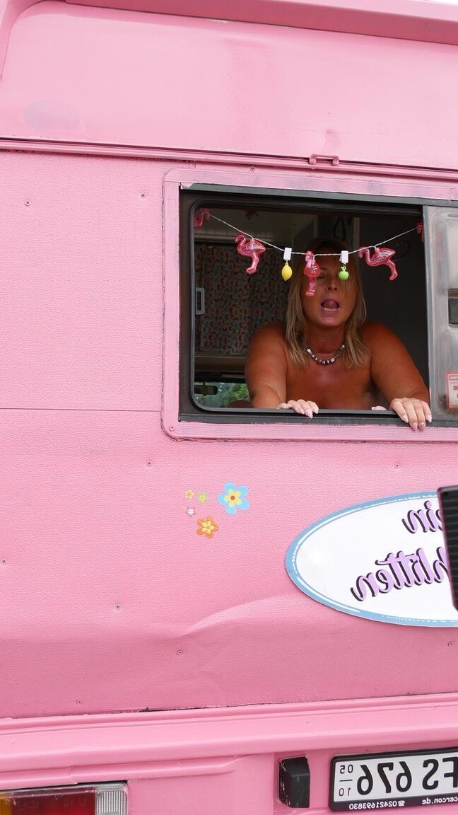 20P Chubby German MILF strips and gets her hole filled in a pink ice cream van