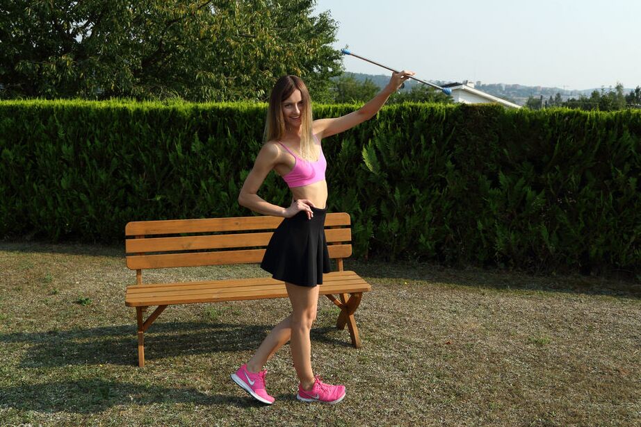 16P Skinny amateur Kate Sin gets some help from gf in inserting baton in her pussy
