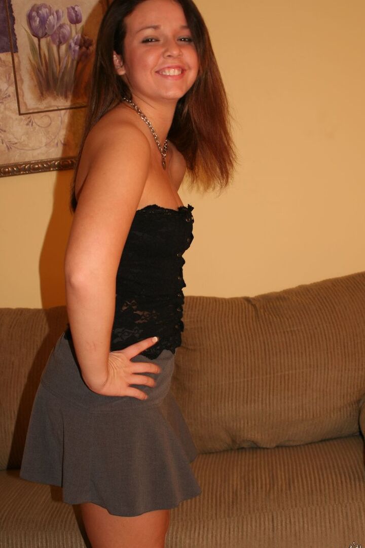 16P First timer removes black panties to model totally naked on fabric sofa