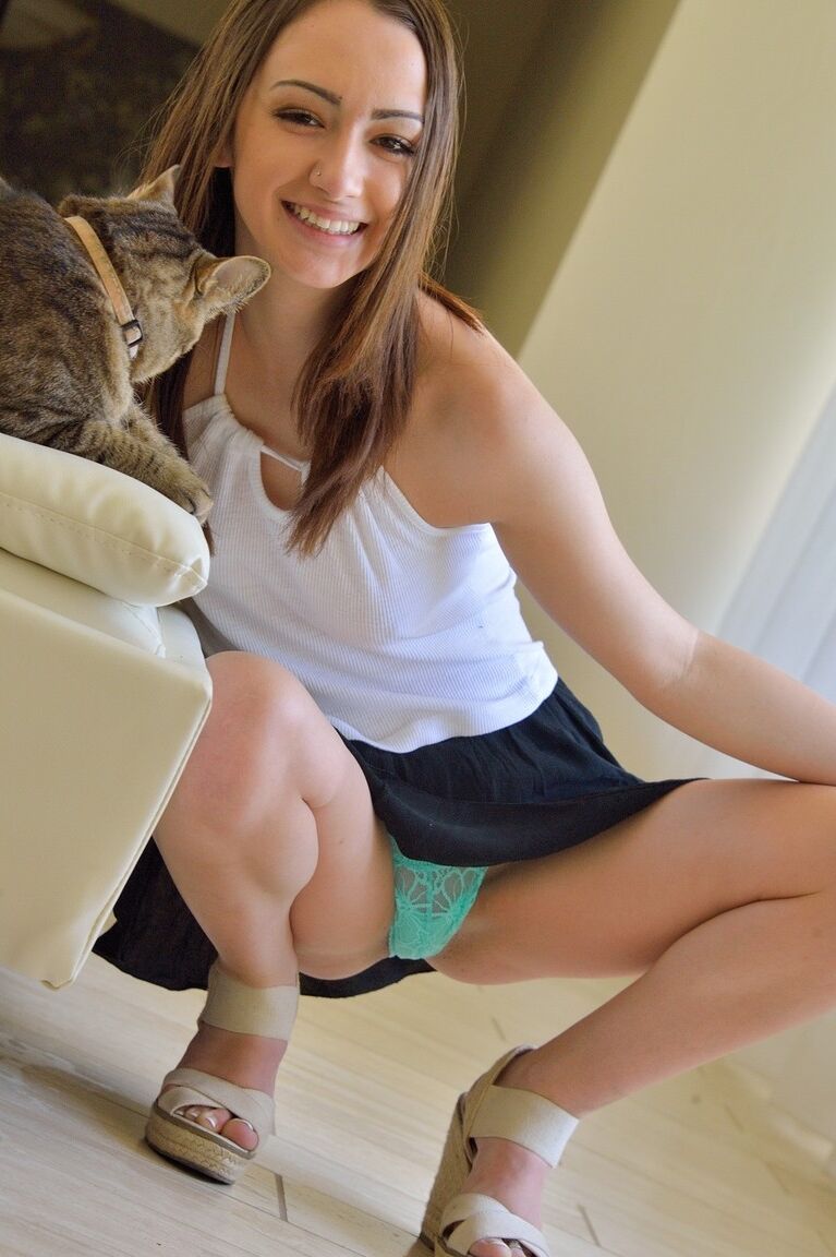 20P Amateur Lily upskirting in public & posing with her pets before getting naked