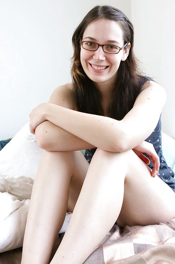 16P Nerdy brunette amateur Gabrielle bends over for hairy cunt spreading