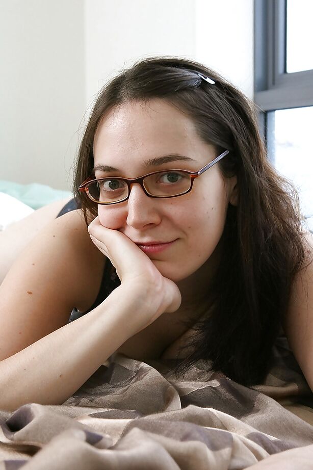 16P Nerdy brunette amateur Gabrielle bends over for hairy cunt spreading
