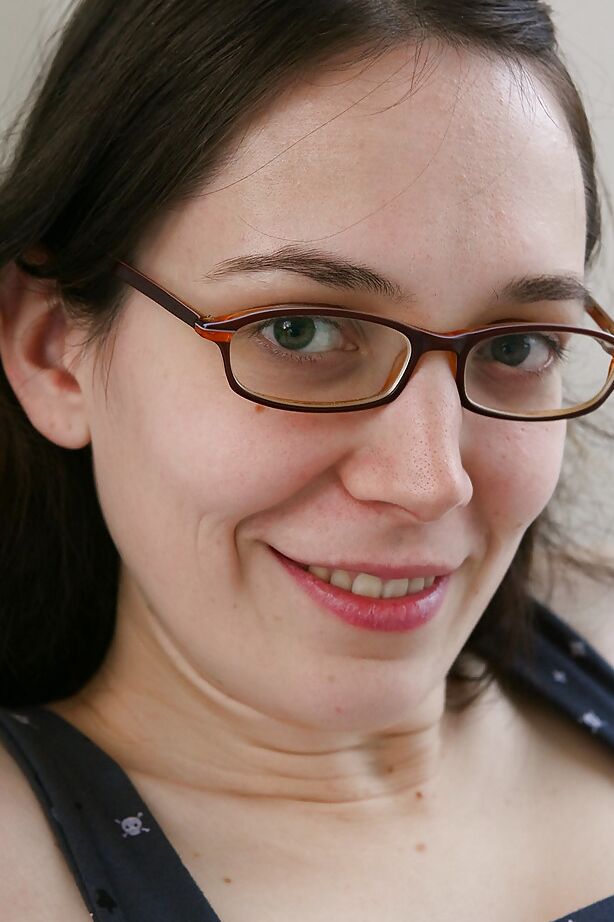 16P Nerdy brunette amateur Gabrielle bends over for hairy cunt spreading