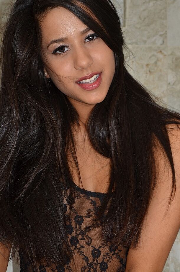 12P Latina first timer Bella Quinn hides her naked tits with hands in cute panties