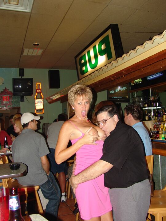 21P Chesty swinger Double Dee lets different men suck her big titties at the bar