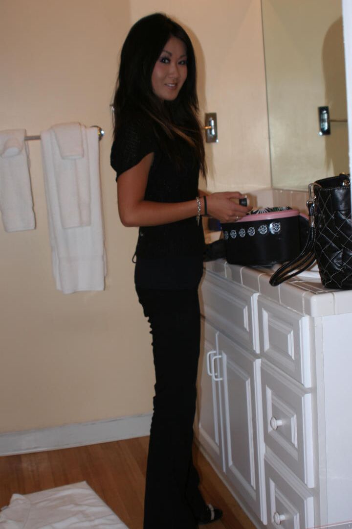 16P Asian first timer Taya pauses for a smoke break in her bra and panties