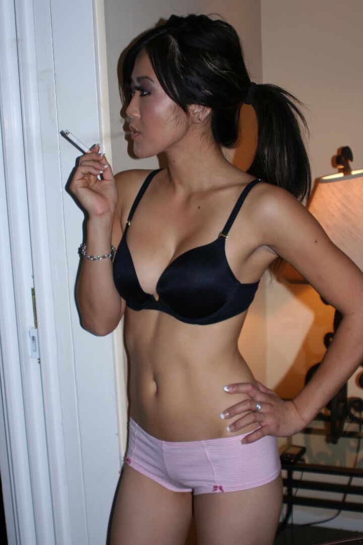 16P Asian first timer Taya pauses for a smoke break in her bra and panties