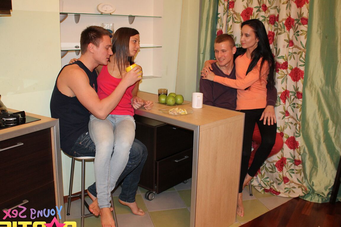 21P Kinky teens Efina and Foxy Di spread their legs and share two stiff rods