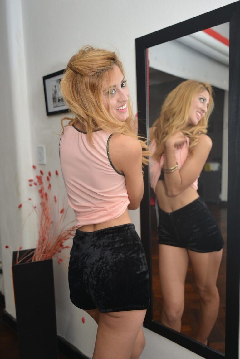 16P Petite amateur Mika presses her small tits up against a mirror