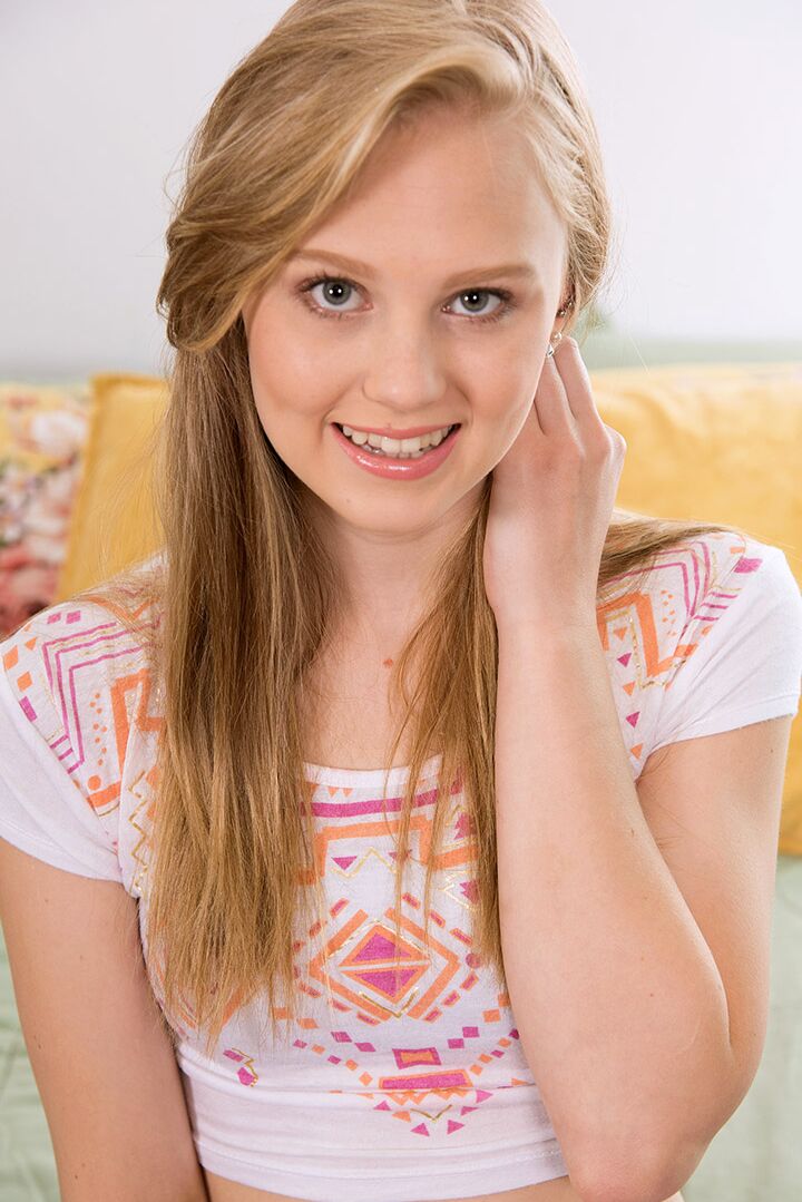16P Tiny teen girl Lily Rader stripping down to thong underwear and socks on bed