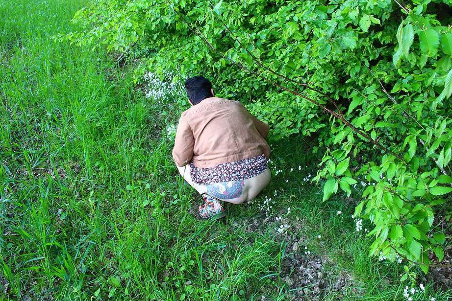 20P Older woman Mary Bitch picks a bunch of flowers while getting naked in a field