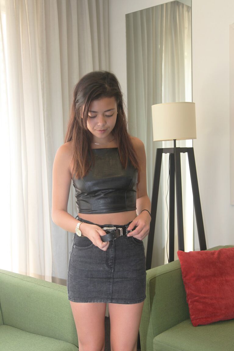 16P Cute tiny teen Roxy Burnside removes her short skirt to bare tiny tits and ass