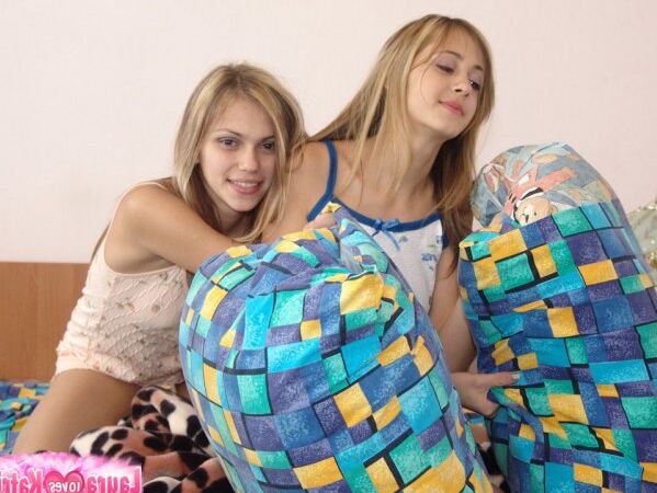15P Blonde teens undress after a pillow fight and proceed to kiss after that