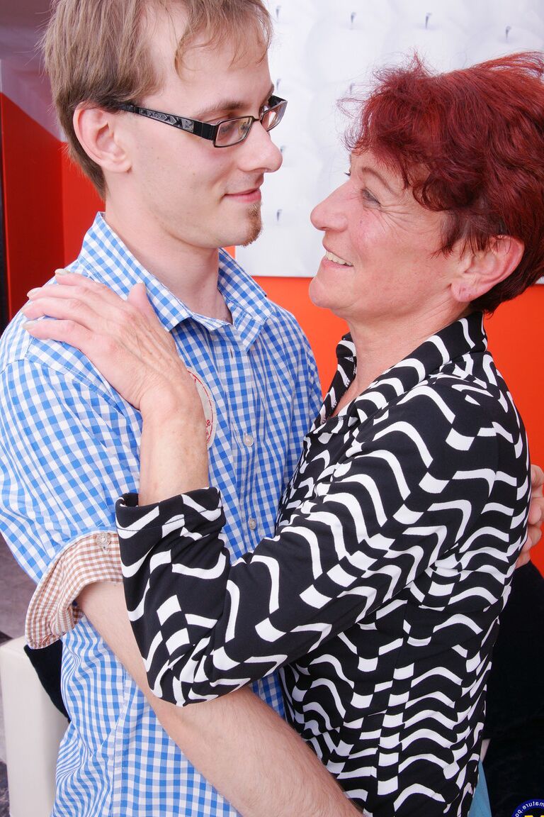 21P Redheaded granny with tiny nips Jaclyn seduces a young guy and gets fucked