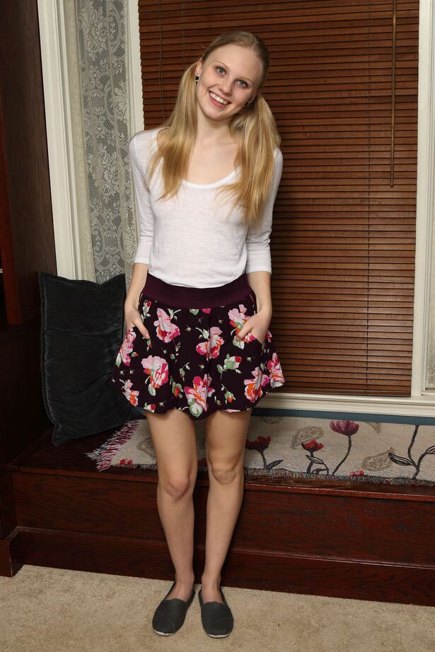 16P Young looking girl Lily Rader teases her bald slit with a hairbrush in flats