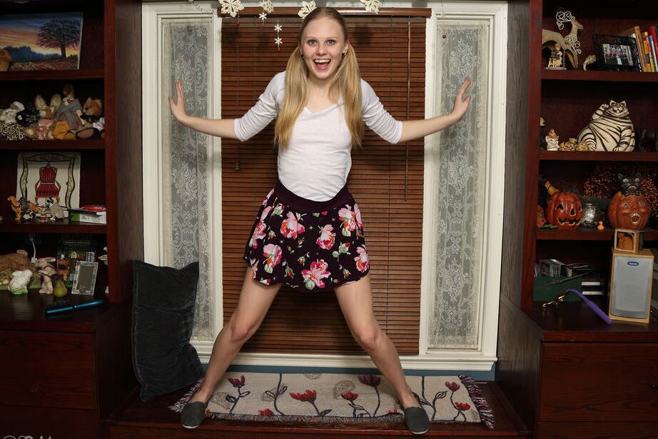 16P Young looking girl Lily Rader teases her bald slit with a hairbrush in flats
