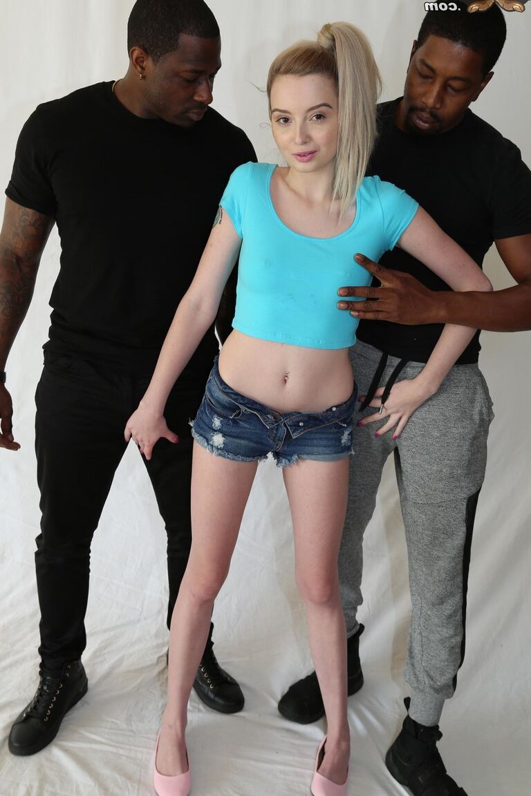 21P Slim blonde with a ponytail Lexi Lore gets a black dong in both her holes