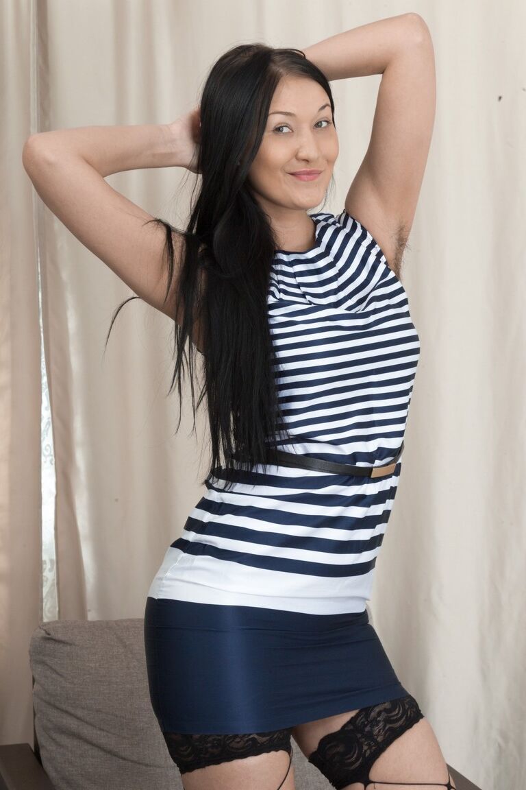 21P Cute Russian brunette Vanessa Vaughn plays with her hairy armpits & bushy muff