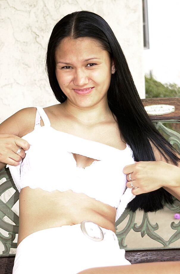 16P Oriental first timer Mariah exposing smallish tits while undressing outside