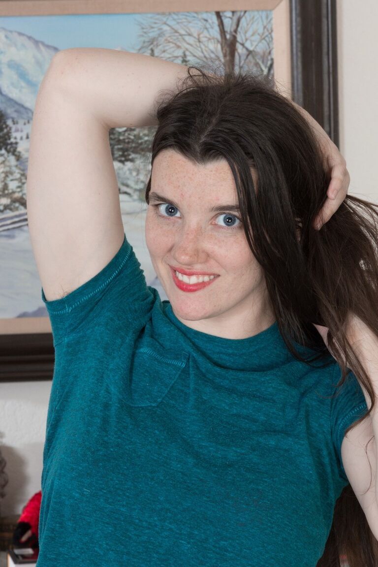 17P Freaky brunette Gabby Smith tosses clothes in hot striptease & open hairy twat