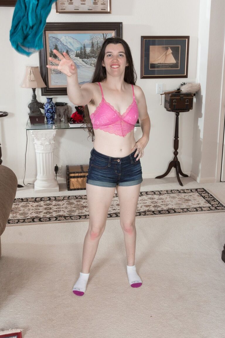 17P Freaky brunette Gabby Smith tosses clothes in hot striptease & open hairy twat