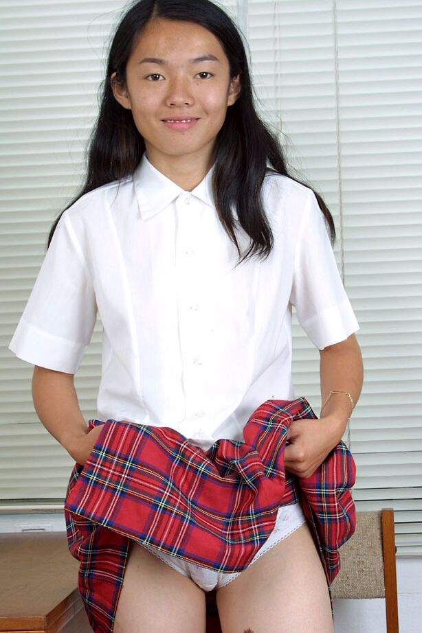 16P Asian first timer Tiffany removing schoolgirl uniform to pose in nude