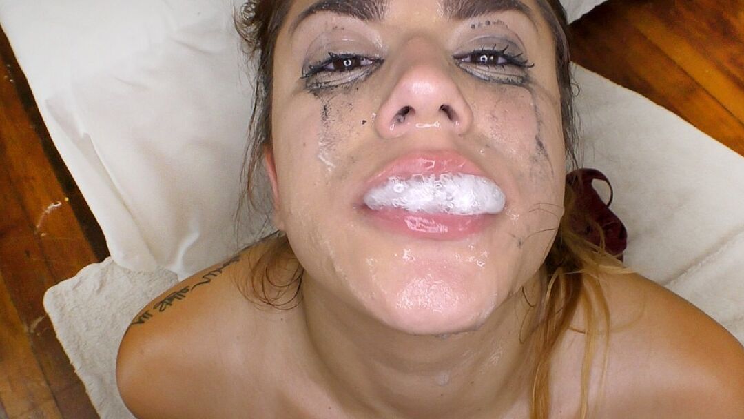 15P Asian chick Monica Sage blows sperm bubbles after a messy POV blowjob