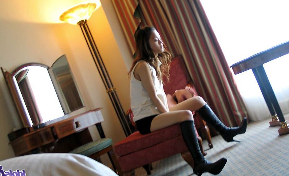 16P Cute Japanese teen Ayaka models in a red thong paired with black boots