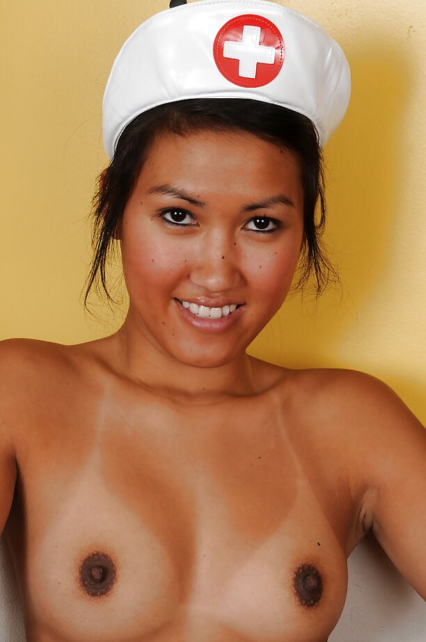 16P Asian first timer Julie masturbating shaved pussy in nurse's cap