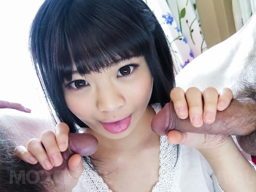 12P Moka Minaduki Asian with doll face strokes and licks two penises