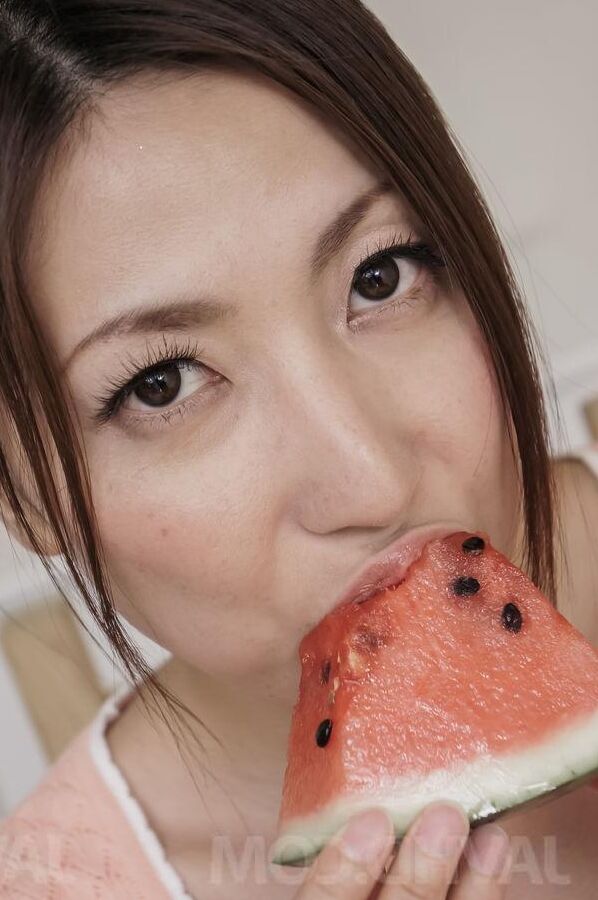 16P Mirei Yokoyama naughty doll eats water melons and enjoys penis
