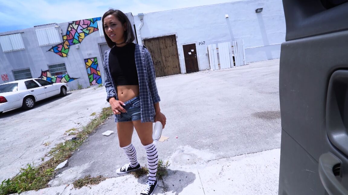 21P 21 yo Asian hitchhiker Aria Skye pays for the ride with a hardcore fuck