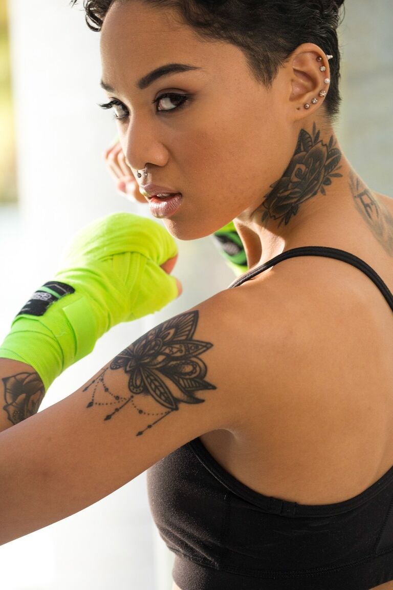 21P Strong babe Honey Gold stripping naked after training showing off tattoos