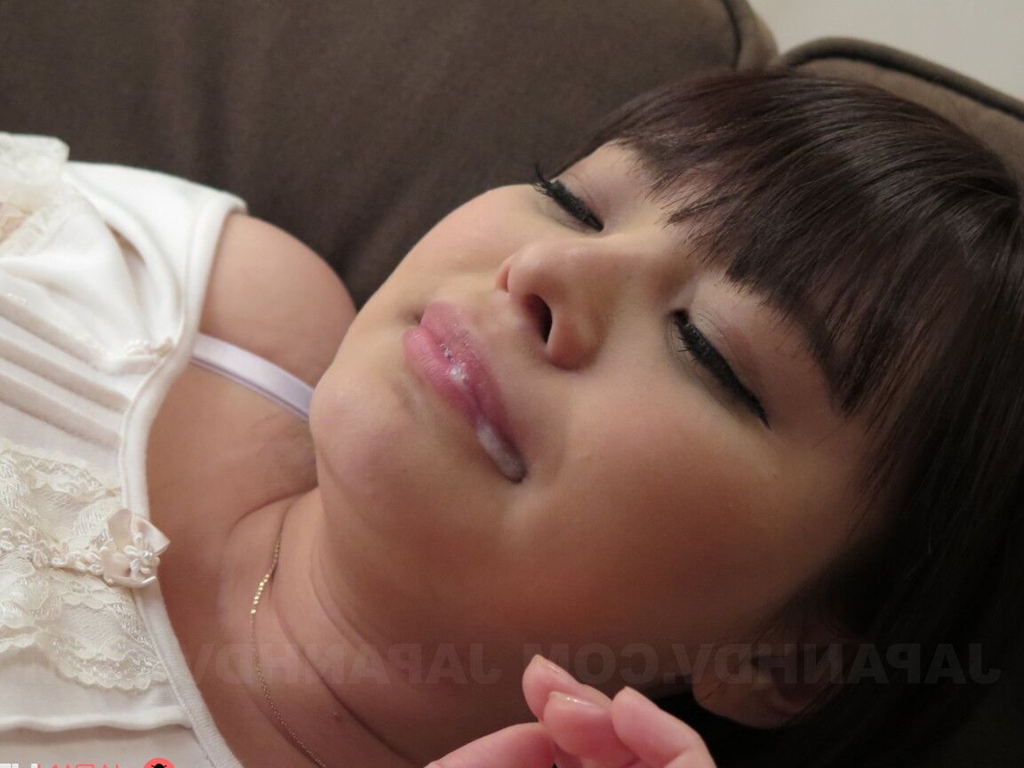 20P Asian honey Mirai Aoyama toys her muff while sucking a dick before tasting cum