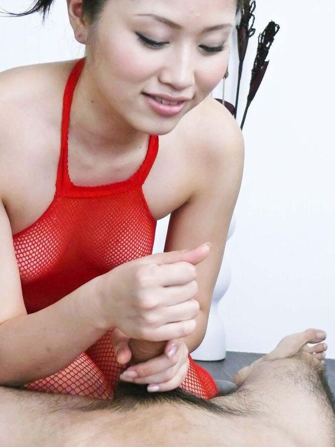 12P Iori Miduki Asian in red fishnet strokes and touches dick of jugs